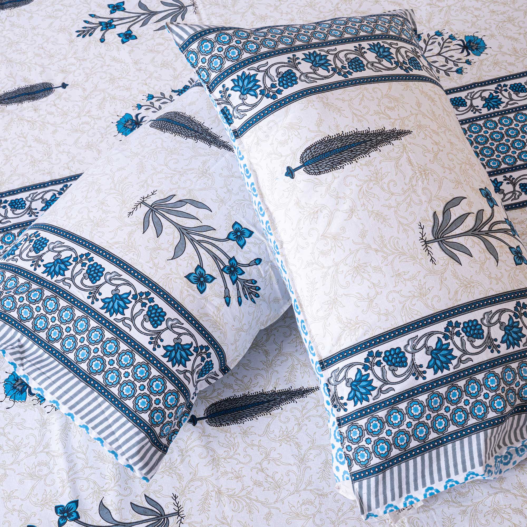 Cotton Queen Size Bedsheet - Blue Leaf Booti