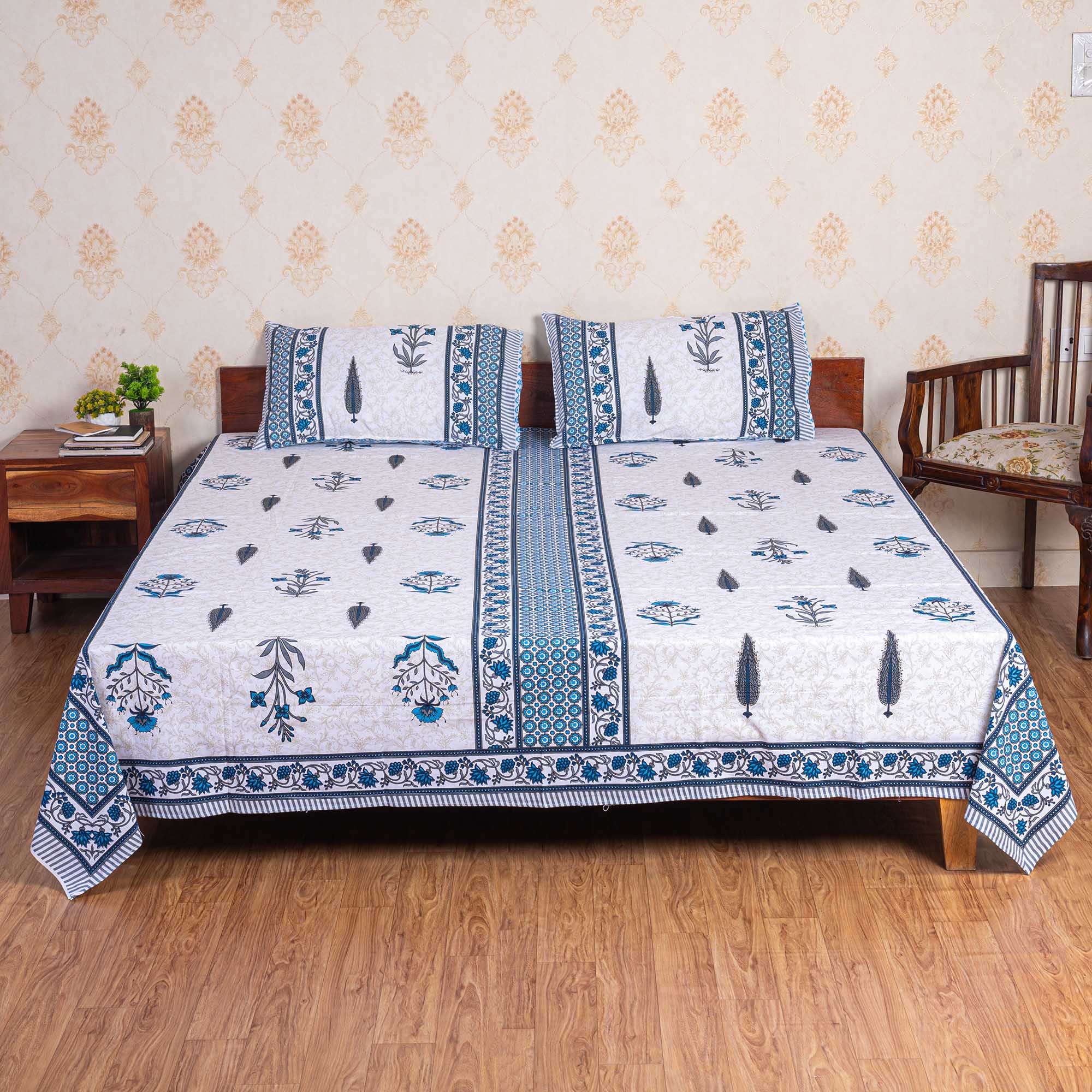 Cotton Queen Size Bedsheet - Blue Leaf Booti