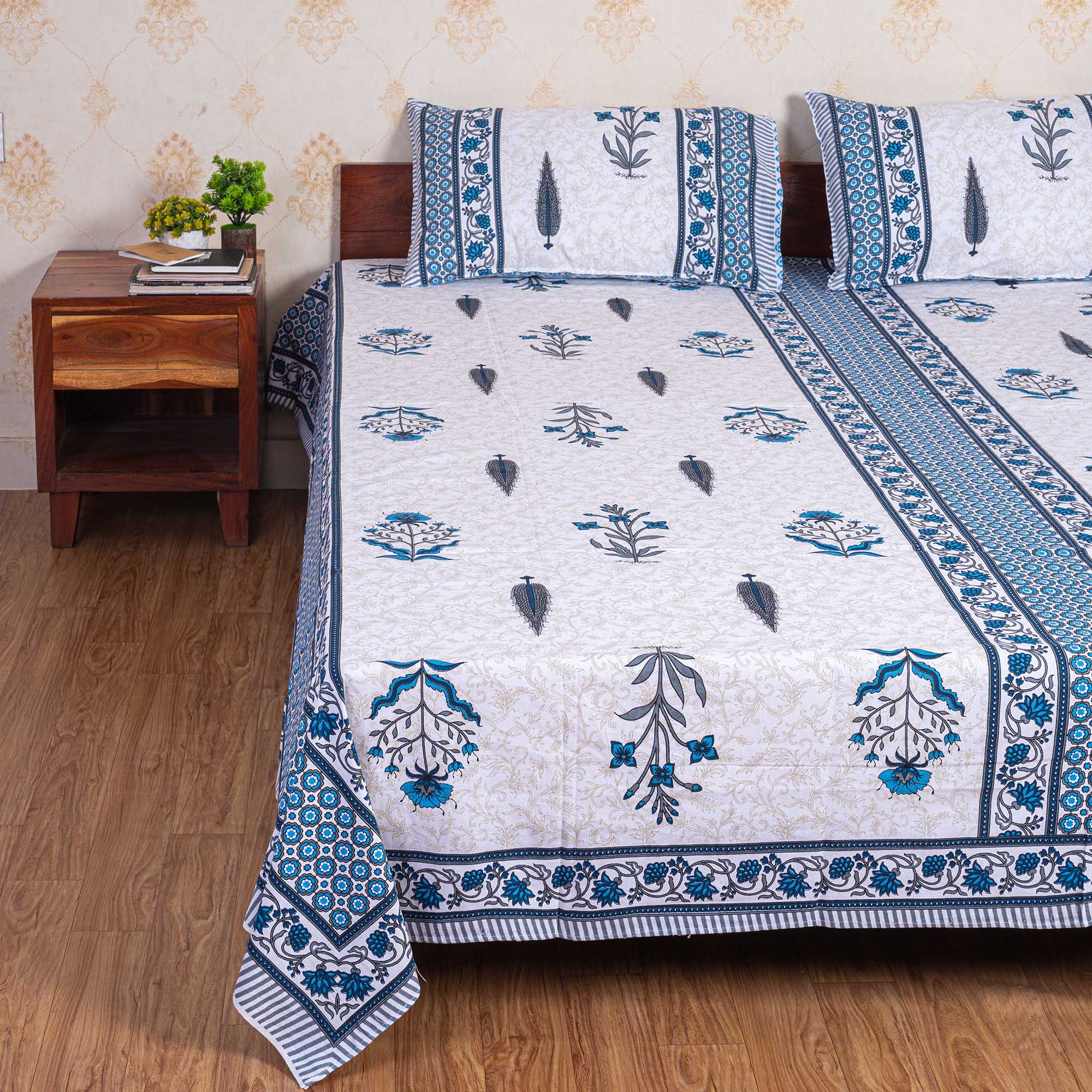 Cotton Queen Size Bedsheet - Blue Leaf Booti
