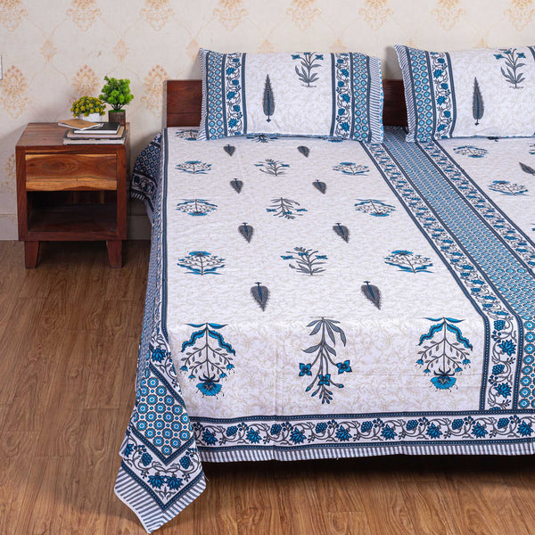 Cotton Queen Size Bedsheet - Blue Leaf Booti
