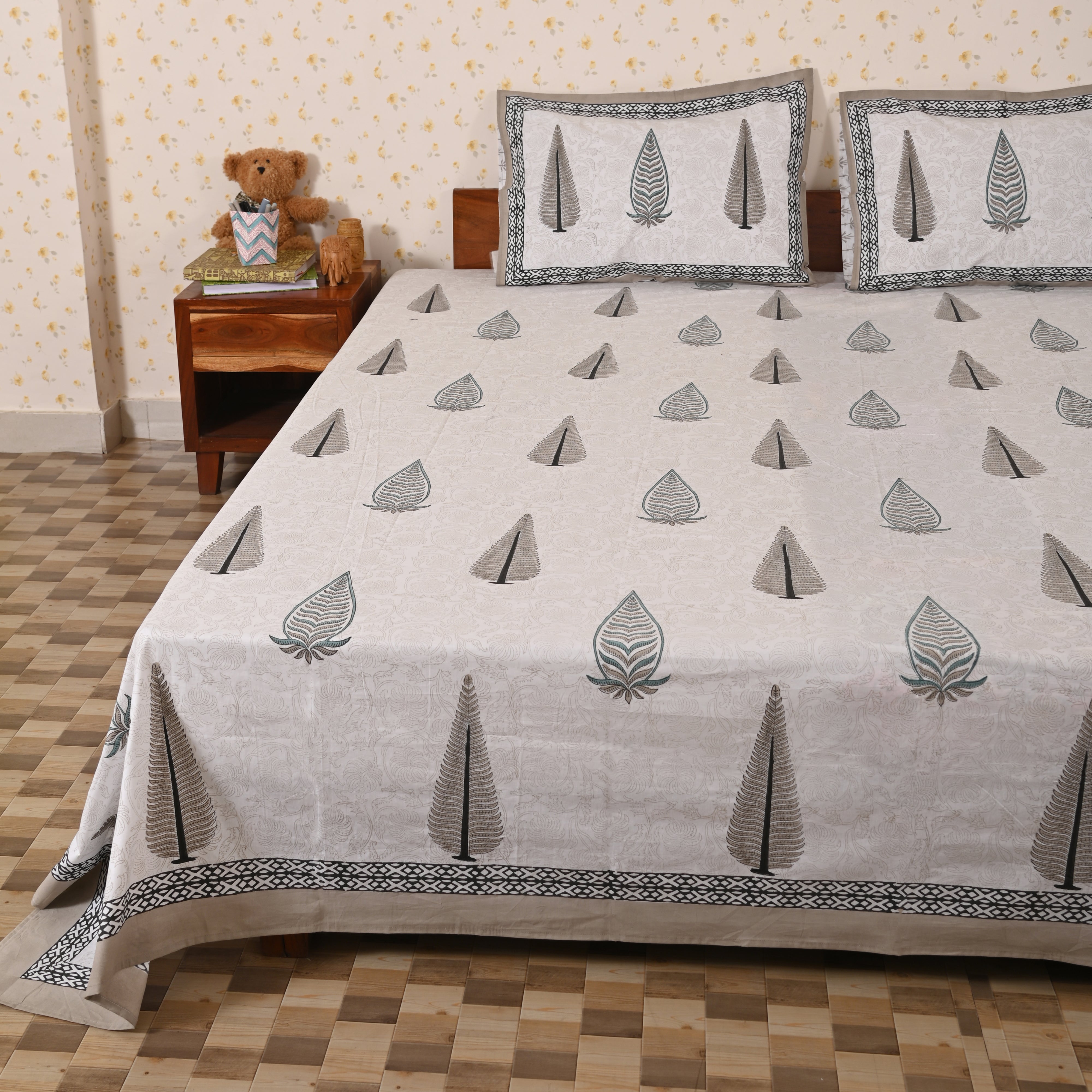 Cotton Block Print Queen Size Bedsheet | Nature's Bouquet