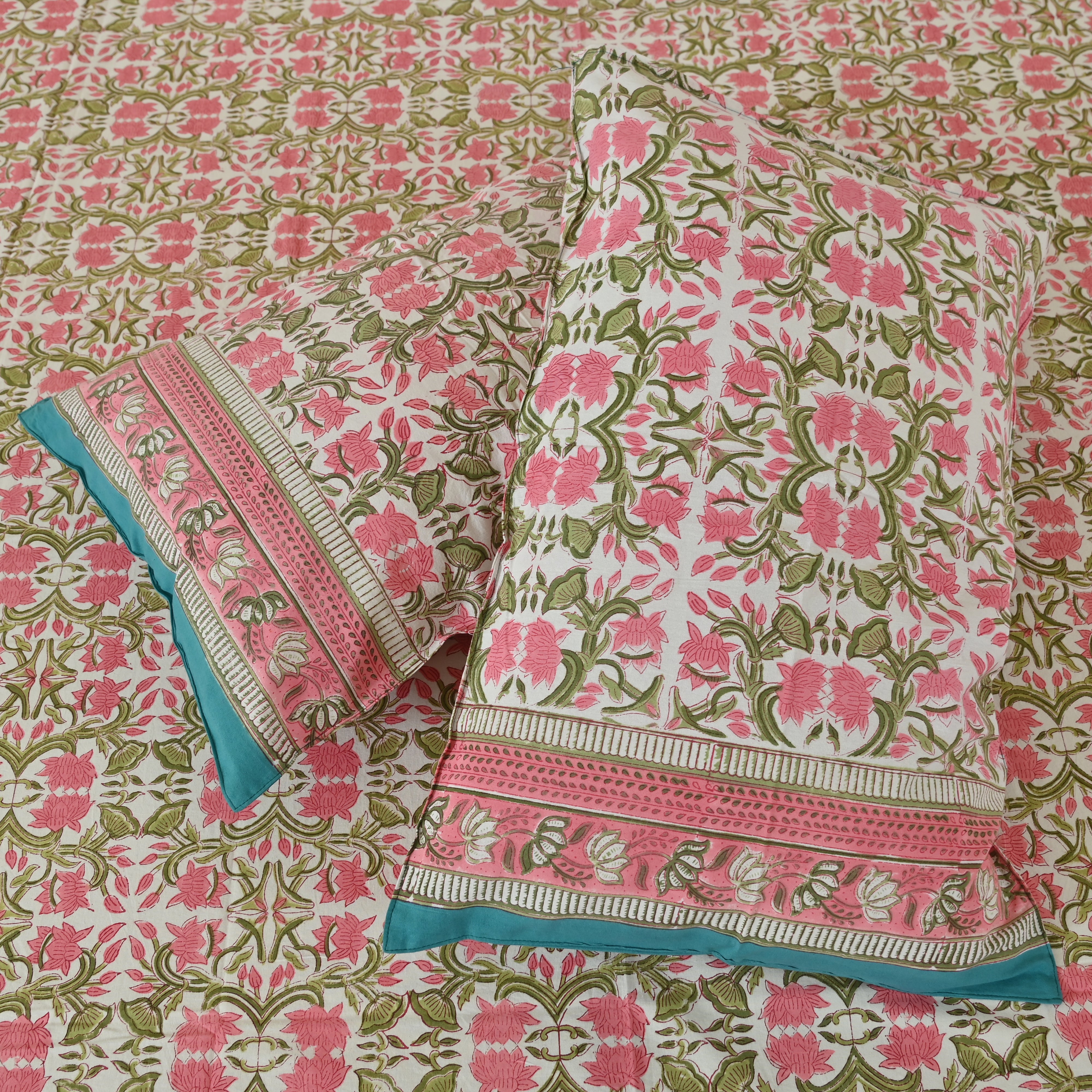 Cotton White King Size Pink Green Floral Jaal Bedsheet