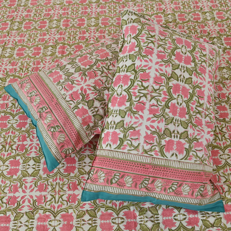 Cotton White Queen Size Pink Green Floral Jaal Bedsheet