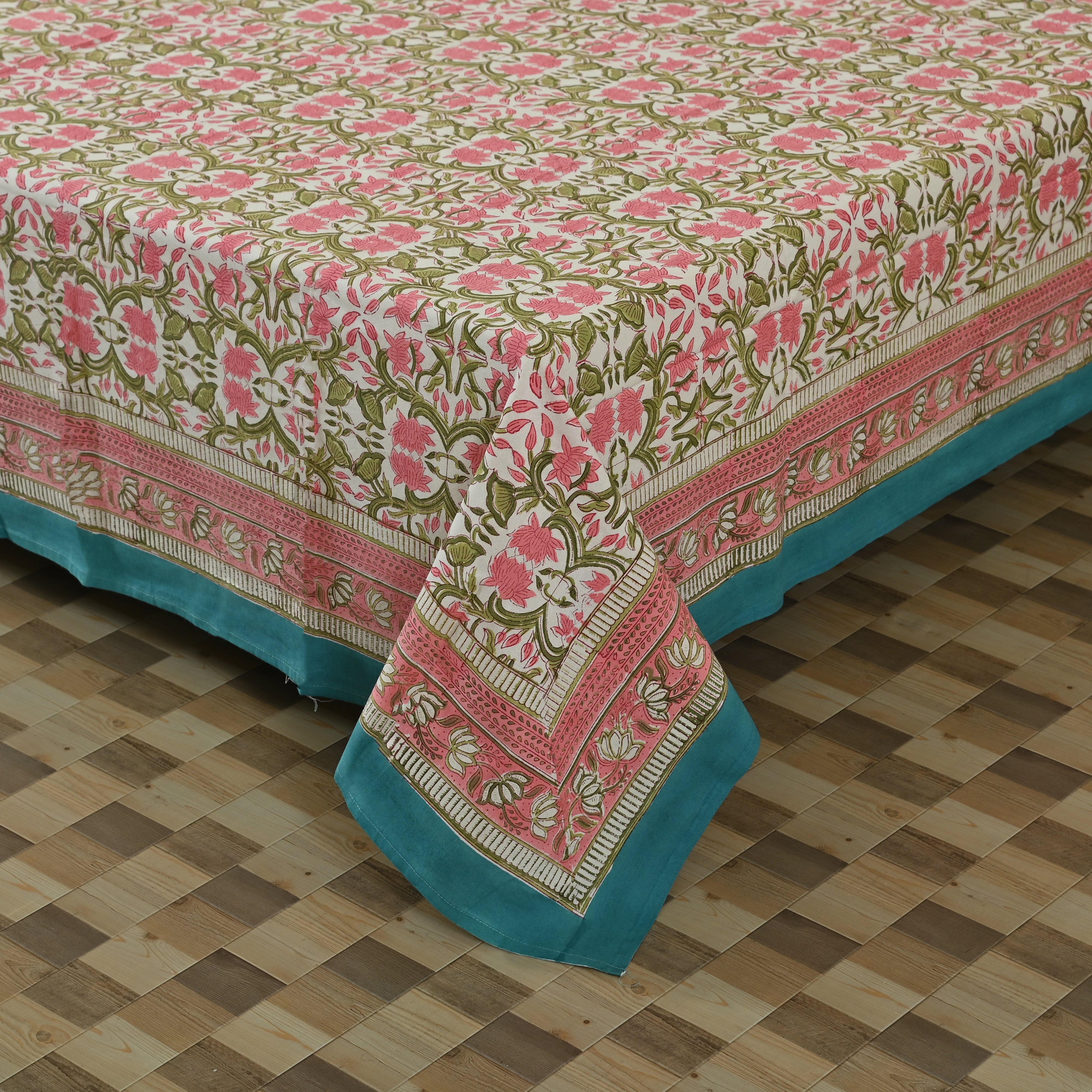 Cotton White King Size Pink Green Floral Jaal Bedsheet