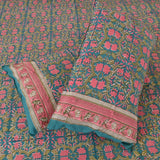 Cotton Floral Jaal Pink Green Block Queen Size Bedsheet
