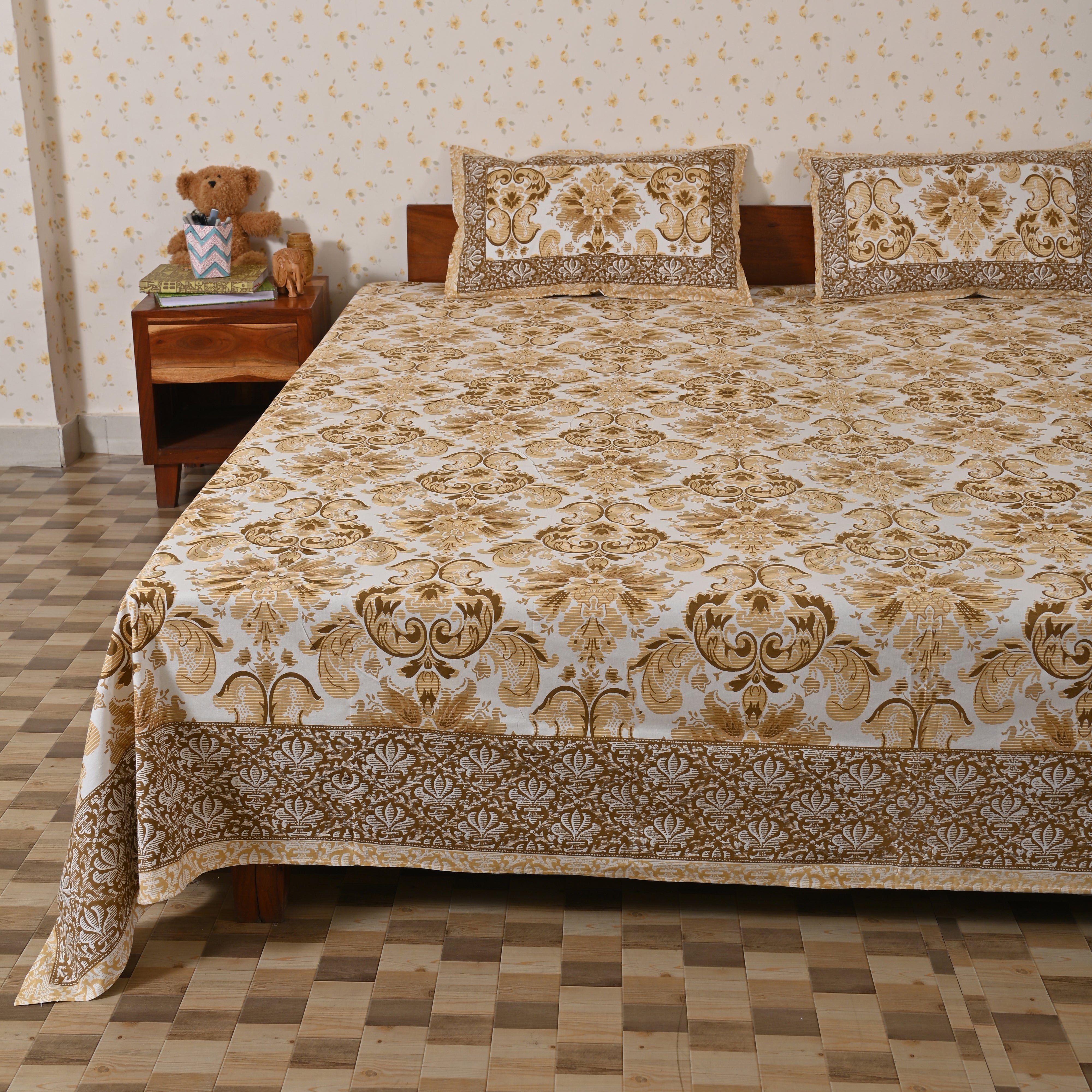 Cotton Yellow Motifs King Size Bedsheet
