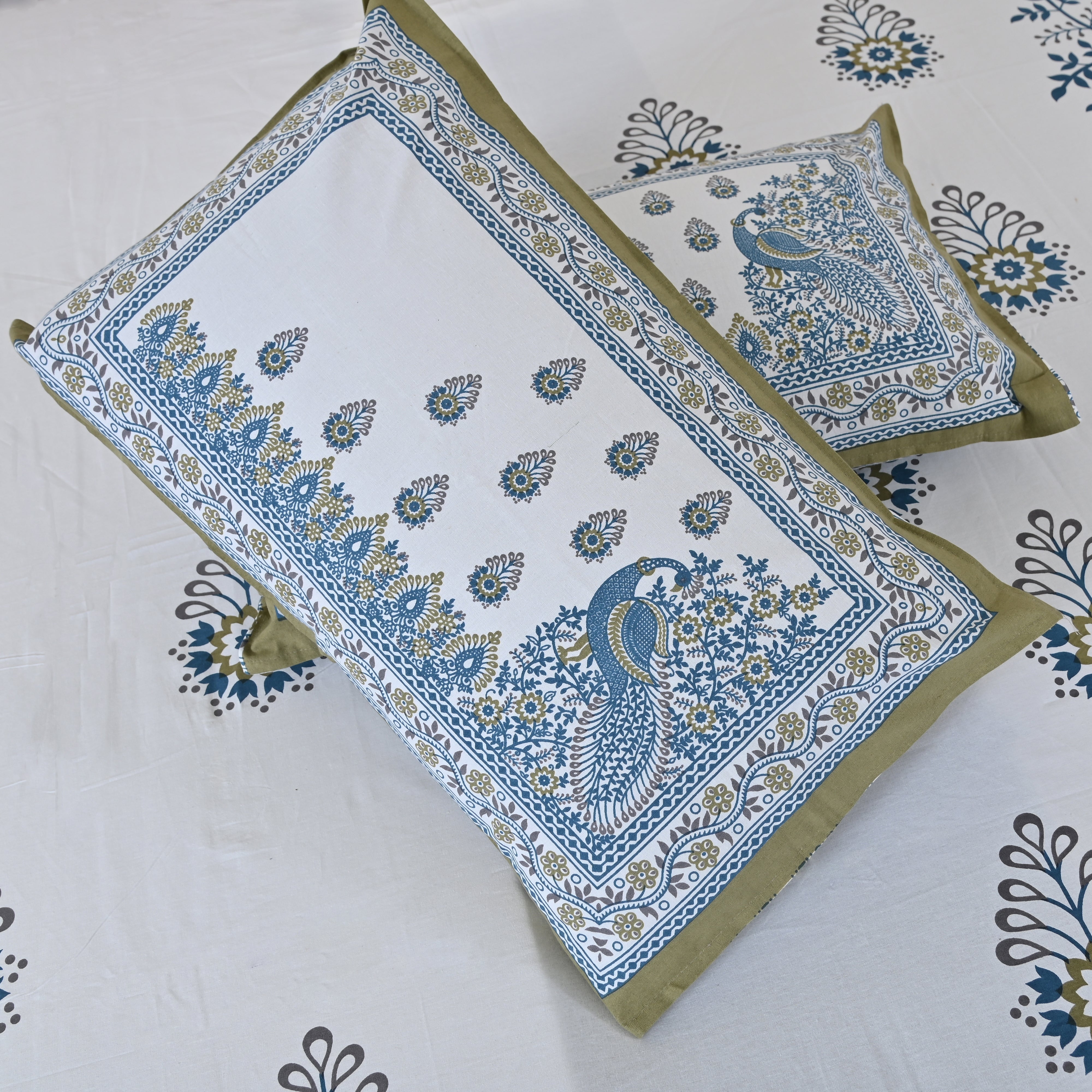 Blue Cotton King Size Bedsheet | Peacock Print Motif