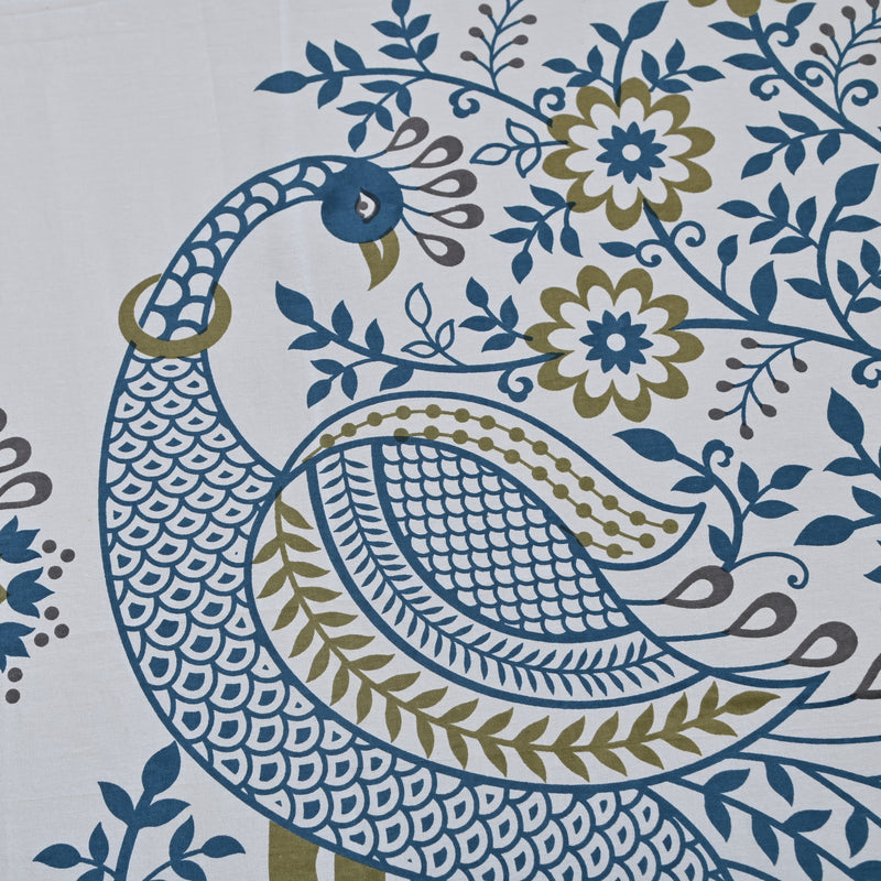 Blue Cotton King Size Bedsheet | Peacock Print Motif