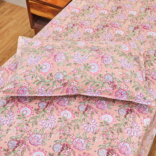 Cotton Single Bed Sheet Peach Green Floral Jaal Block Print