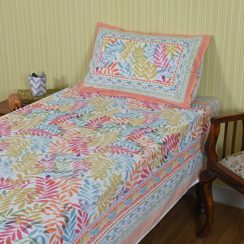 Cotton Single Bed Sheet multi color leef Print