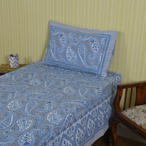 Cotton Single Bed Sheet Blue paisley Print