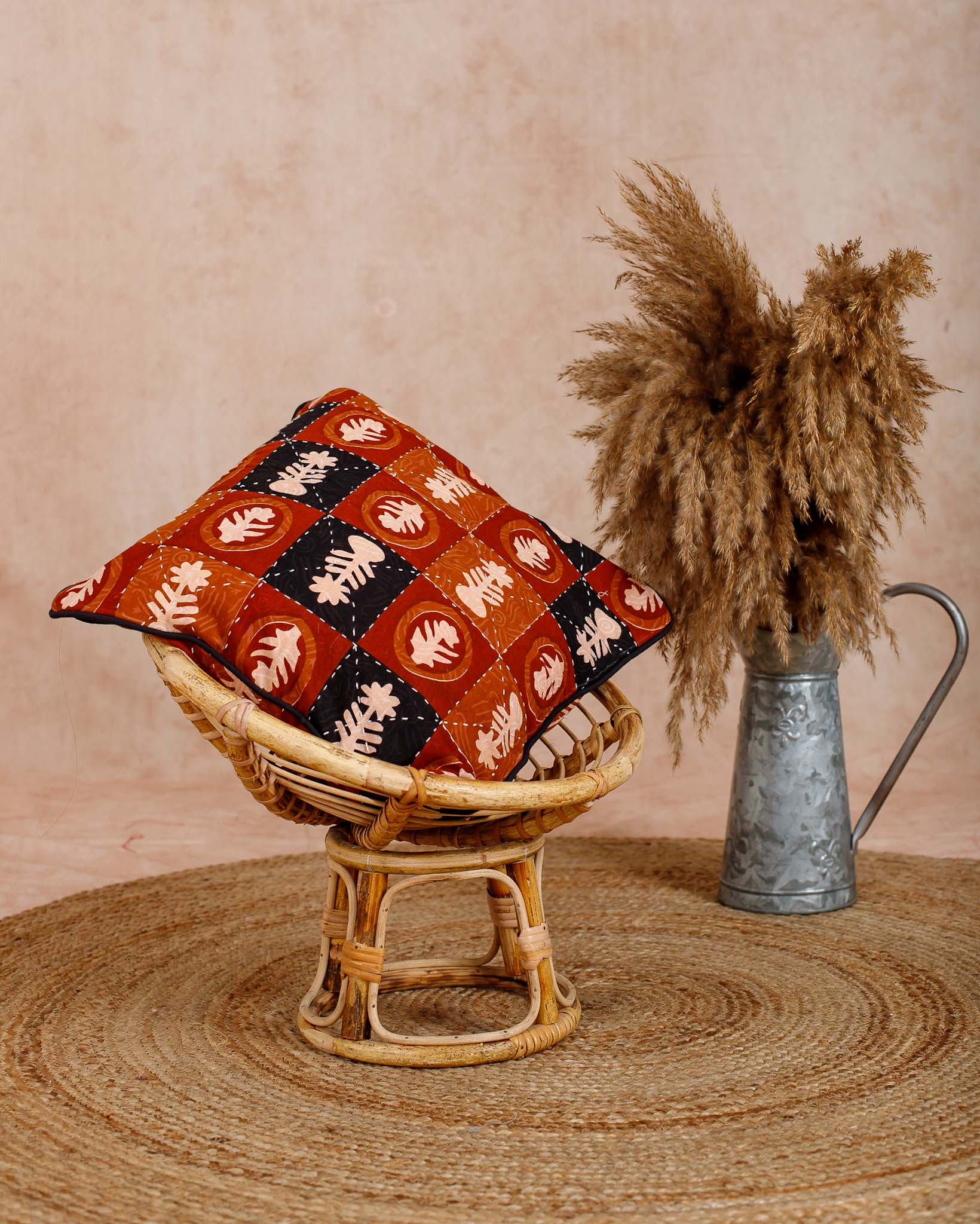 Cotton Cushion Cover Black-Brown Kantha Work Floral Booti Bagru Print