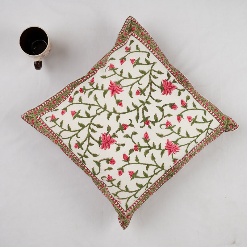 Cotton Cushion Cover Pink Green Floral Jaal Block Print