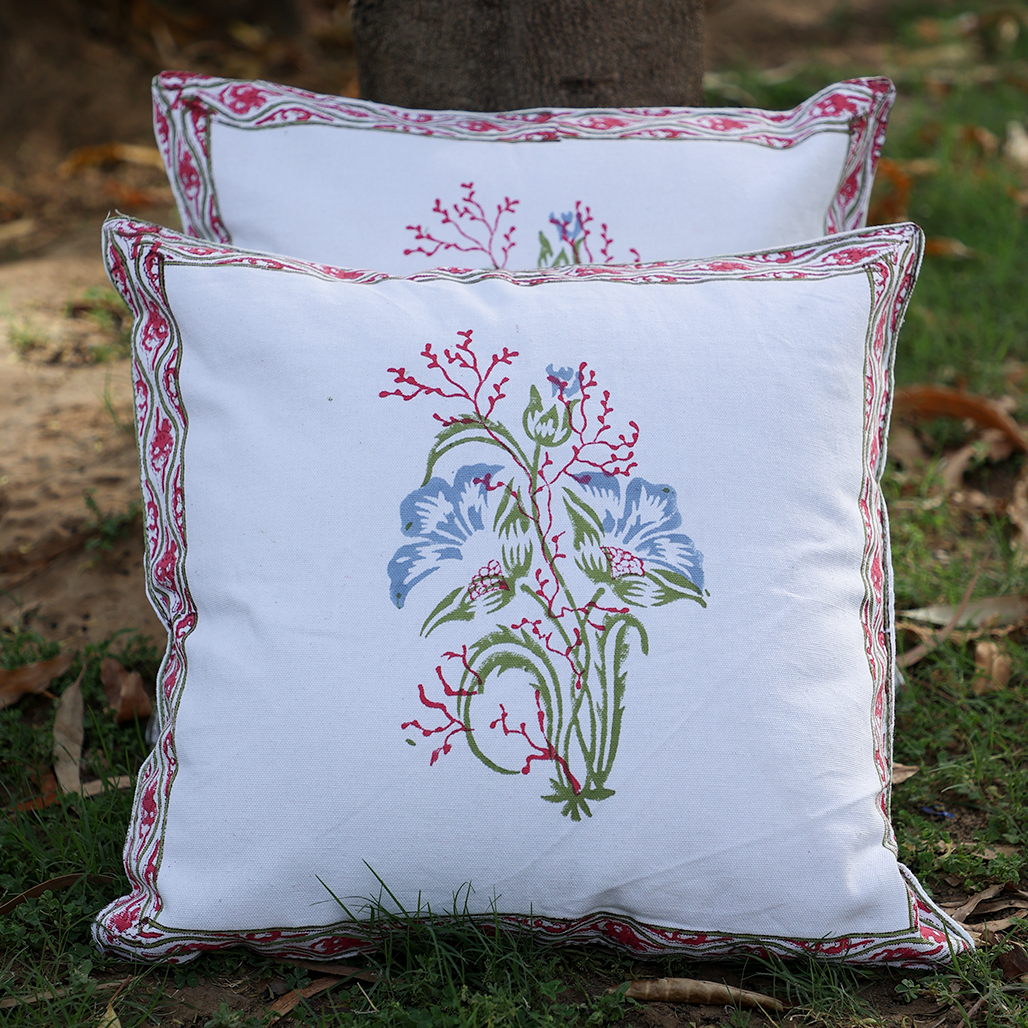 Fine Cotton Cushion Cover Blue-Pink Floral Print