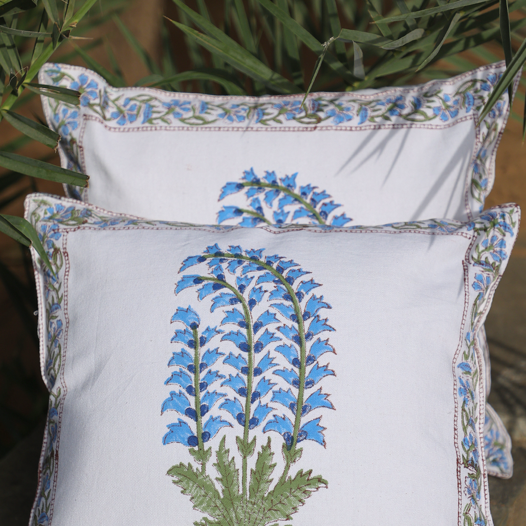 Fine Cotton Cushion Cover White Azure Blue Floral Print