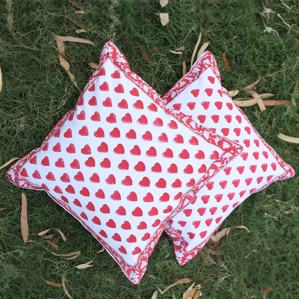 Fine Cotton Cushion Cover White Red Heart Floral Print