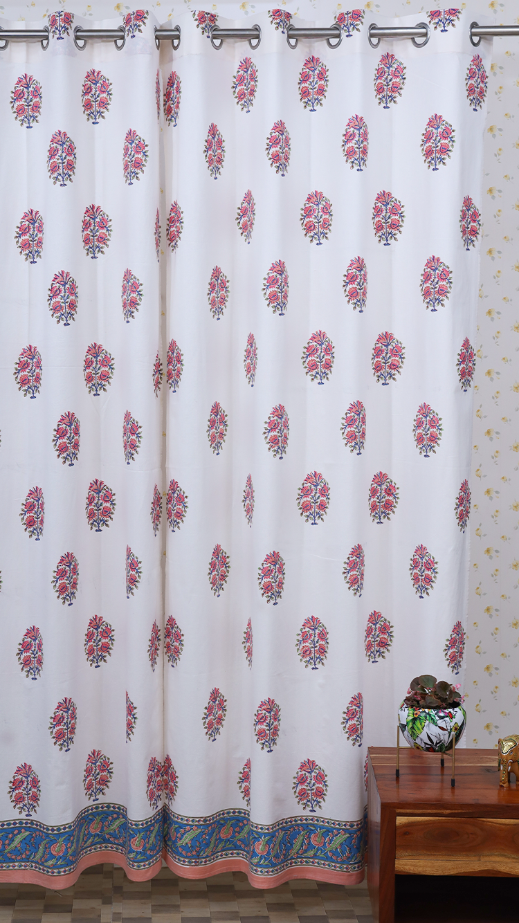 Cotton Curtain Pink Floral Boota Block Print