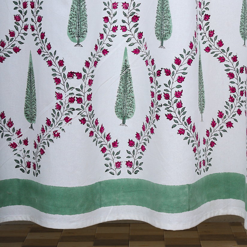 Drill Cotton Curtain Red Green Jade Pine Block Print