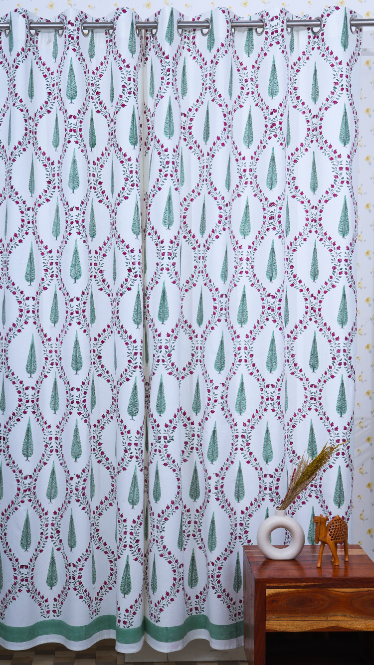 Drill Cotton Curtain Red Green Jade Pine Block Print