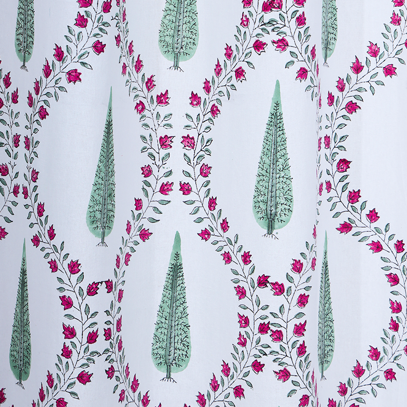 Drill Cotton Curtain Red Green Jade Pine Block Print