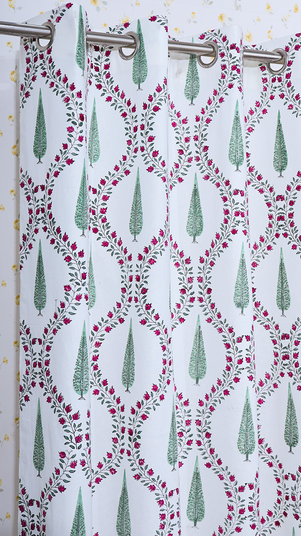 Drill Cotton Curtain Red Green Jade Pine Block Print