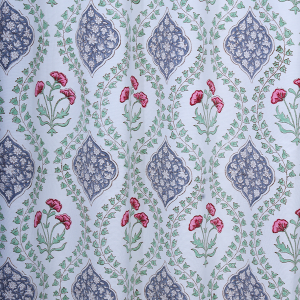 Drill Cotton Curtain Blue-Green Floral Block Print