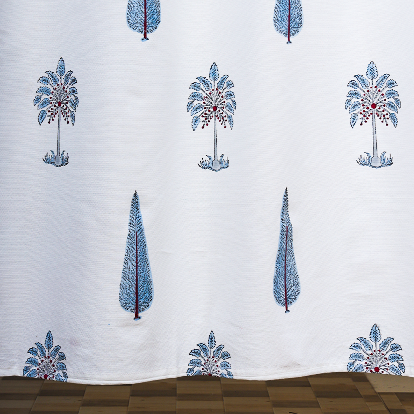 Drill Cotton Curtain Blue Fern Leaf Boota Block Print