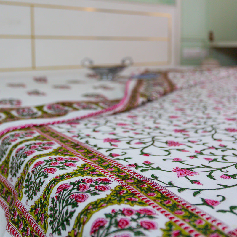 Cotton Mulmul Double Bed Dohar AC Quilt Pink Green Floral Jaal Block Print 1