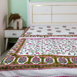 Cotton Mulmul Double Bed Dohar AC Quilt Pink Green Floral Jaal Block Print 3