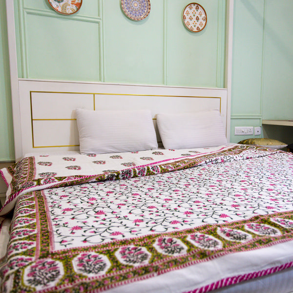 Cotton Mulmul Double Bed Dohar AC Quilt Pink Green Floral Jaal Block Print