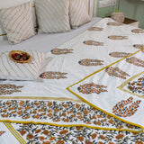 Cotton Mulmul Double Bed AC Quilt Dohar Orange Grey Floral Jaal Block Print 1