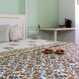 Cotton Mulmul Double Bed AC Quilt Dohar Orange Grey Floral Jaal Block Print