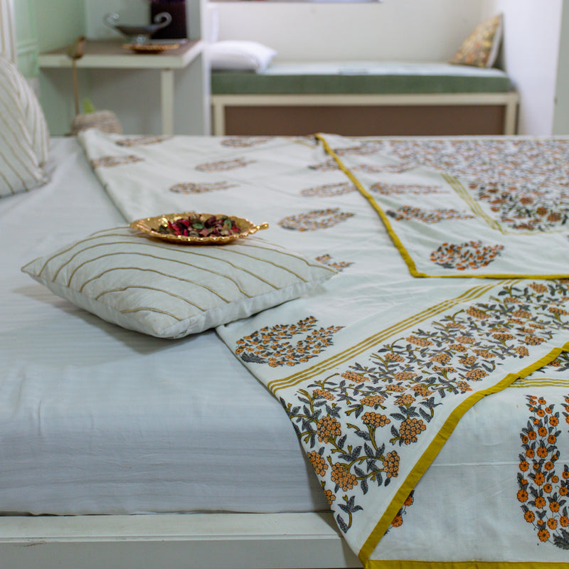 Cotton Mulmul Double Bed AC Quilt Dohar Orange Grey Floral Jaal Block Print 3