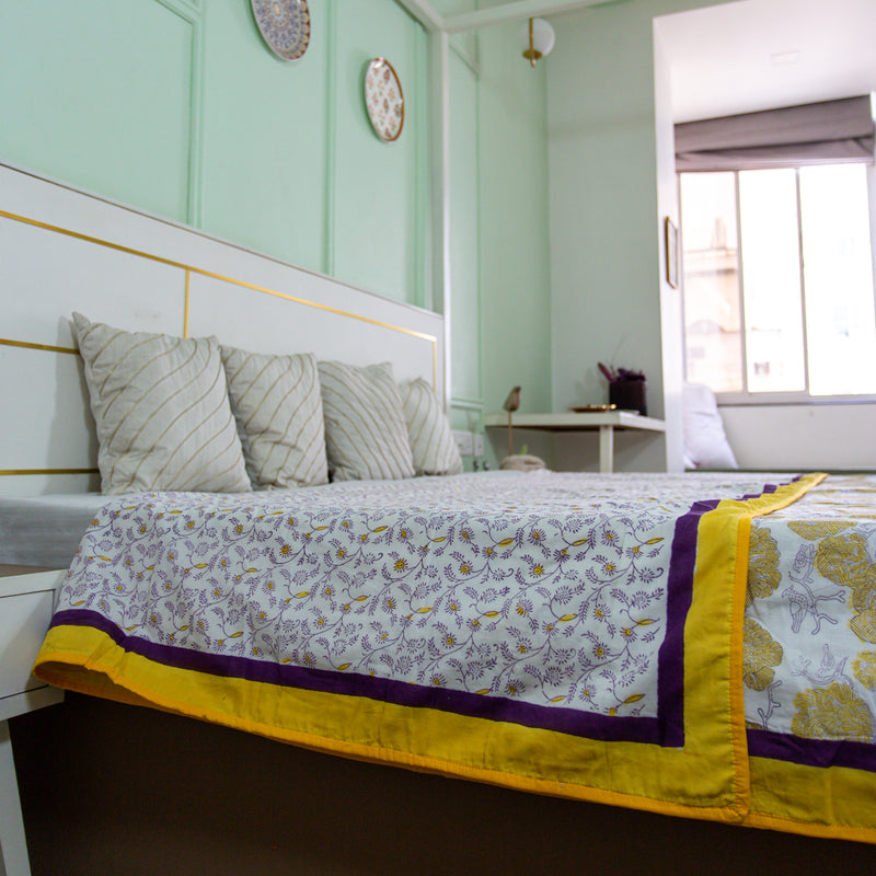 Cotton Mulmul Double Bed Dohar AC Quilt Yellow Marigold Jaal Block Print 1