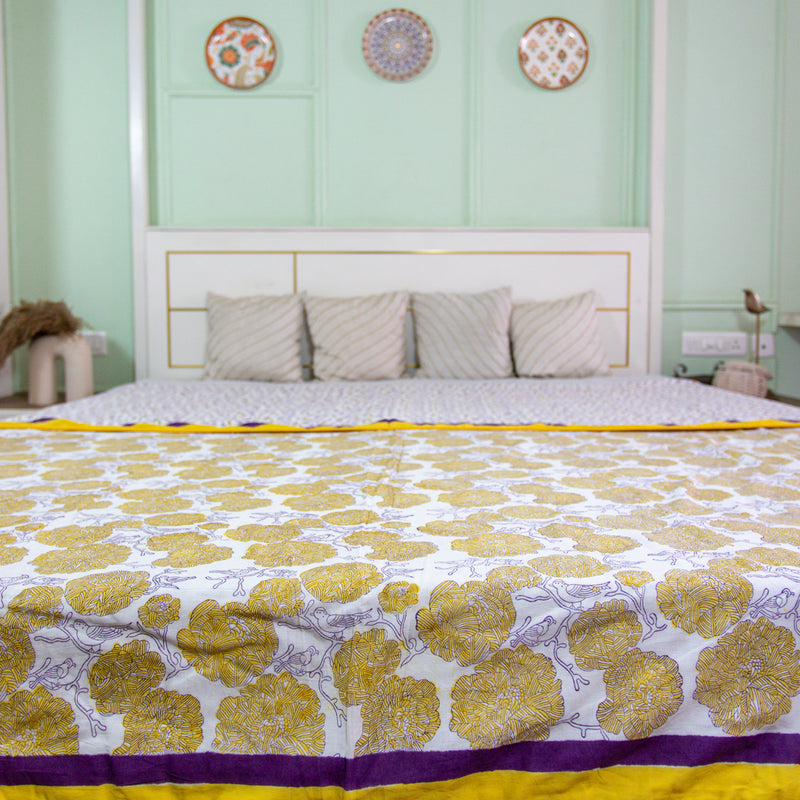 Cotton Mulmul Double Bed Dohar AC Quilt Yellow Marigold Jaal Block Print