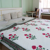 Cotton Mulmul Double Bed Dohar Green Pink Floral Boota Block Print