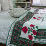 Cotton Mulmul Double Bed Dohar Green Pink Floral Boota Block Print 2
