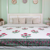 Cotton Mulmul Double Bed Dohar Green Pink Floral Boota Block Print 1