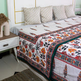 Cotton Malmal Double Bed AC Dohar White Green Boota Block Print 3