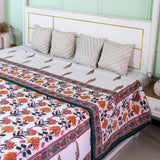 Cotton Malmal Double Bed AC Dohar White Green Boota Block Print