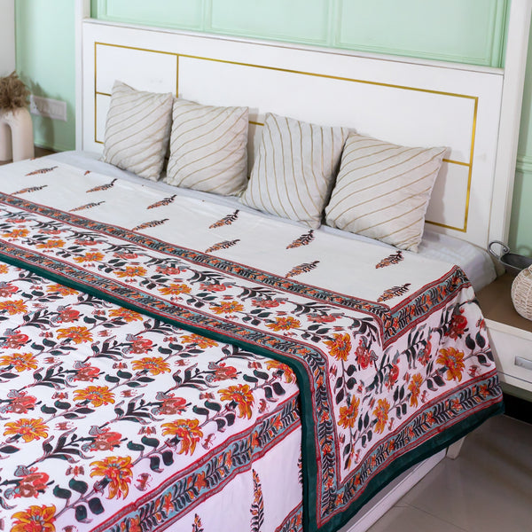 Cotton Malmal Double Bed AC Dohar White Green Boota Block Print
