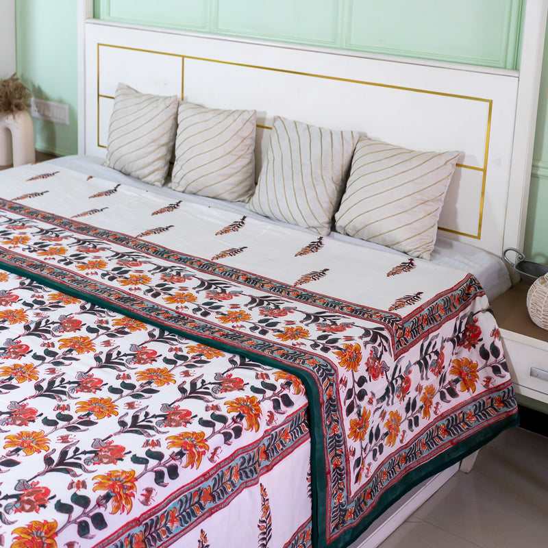Cotton Malmal Double Bed AC Dohar White Green Boota Block Print