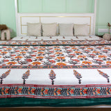 Cotton Malmal Double Bed AC Dohar White Green Boota Block Print 1