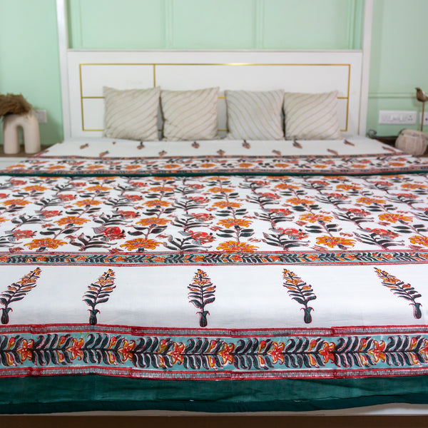 Cotton Malmal Double Bed AC Dohar White Green Boota Block Print 1