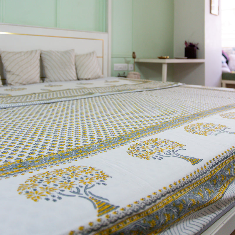 Cotton Malmal Double Dohar AC Quilt Yellow Grey Mango Tree Block Print 3