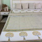 Cotton Malmal Double Dohar AC Quilt Yellow Grey Mango Tree Block Print