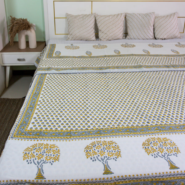 Cotton Malmal Double Dohar AC Quilt Yellow Grey Mango Tree Block Print