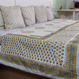Cotton Malmal Double Dohar AC Quilt Yellow Grey Mango Tree Block Print 1