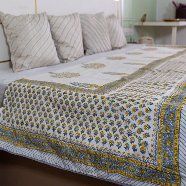 Cotton Malmal Double Dohar AC Quilt Yellow Grey Mango Tree Block Print 1
