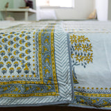 Cotton Malmal Double Dohar AC Quilt Yellow Grey Mango Tree Block Print 2